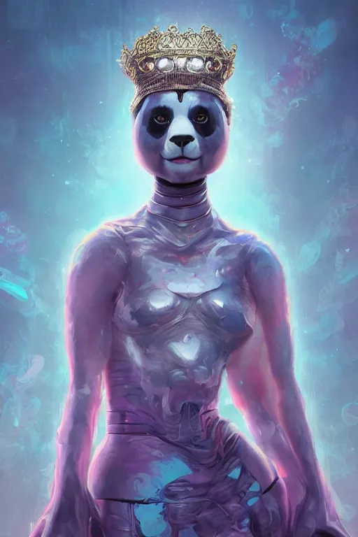 Image similar to digital portrait of an eloquent alien panda bear queen, straight on, full body character concept art, concept art, by artgerm, tom bagshaw, gerald brom, vaporwave colors, lo fi colors, vaporwave, lo fi, 4 k, hd, rendered with substance designer, small details,