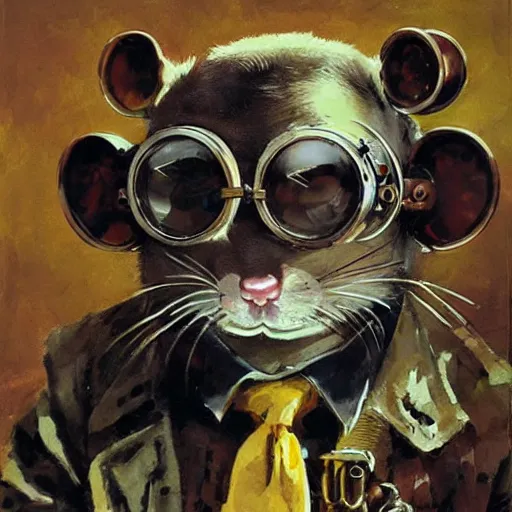 Image similar to a rat with steampunk googles, by John Berkey