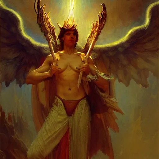 Image similar to attractive male lucifer morning star casting a spell summoning male demons, they rise from down bellow. highly detailed painting by gaston bussiere, craig mullins, j. c. leyendecker, 8 k