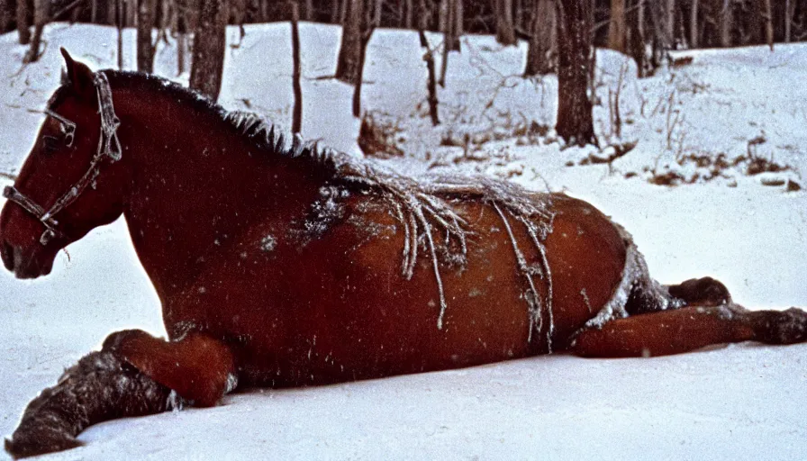 Image similar to 1 9 6 0 s movie still close up of marcus aurelius frozen to death under the snow, a horse frozen under the snow by the side of a river with gravel, pine forests, cinestill 8 0 0 t 3 5 mm, high quality, heavy grain, high detail, texture, dramatic light, anamorphic, hyperrealistic, detailed hair, foggy