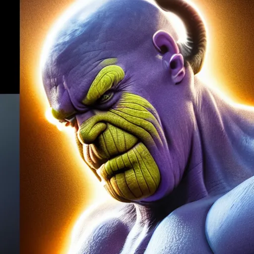 Image similar to Thanos merged with homer simpson, ultra realistic, concept art, intricate details, dark, highly detailed, photorealistic, octane render, 8k, unreal engine