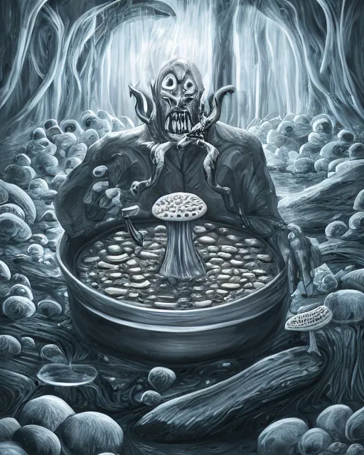 Image similar to a painting of a evil Nordic alien of pure evil, made in tones of white and grey, drinking liquid gold, in a wild mushroom fountain, bath like style, insanely detailed, loony toons style, isometric views, 8k