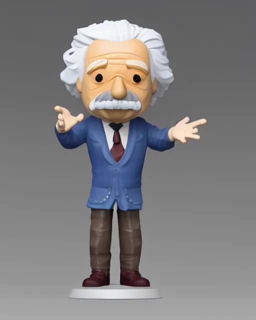 Image similar to full body 3 d render of albert einstein as a funko pop!, four, studio lighting, white background, single body, no shadow, blender, trending on artstation, 8 k, highly detailed