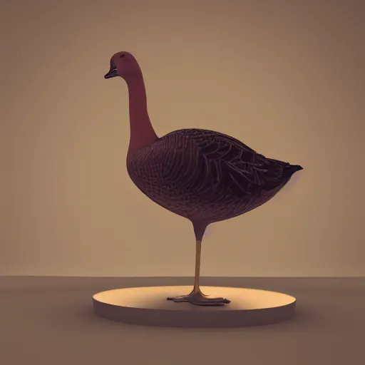 Image similar to a portrait of judgemental goose sitting on a table, close view, unreal, cinema 4d render, Ray tracing reflection, studio light