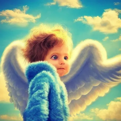 Image similar to bright blu sky. fluffy clouds. angels with big wings wake - up