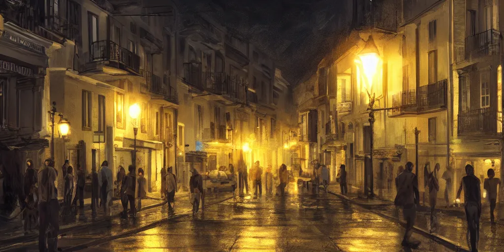 Image similar to cadiz street at night, crowded, 8K, trending on artstation, golden ratio, rule of thirds, low key, establishing shot, extremely high detail, concept art