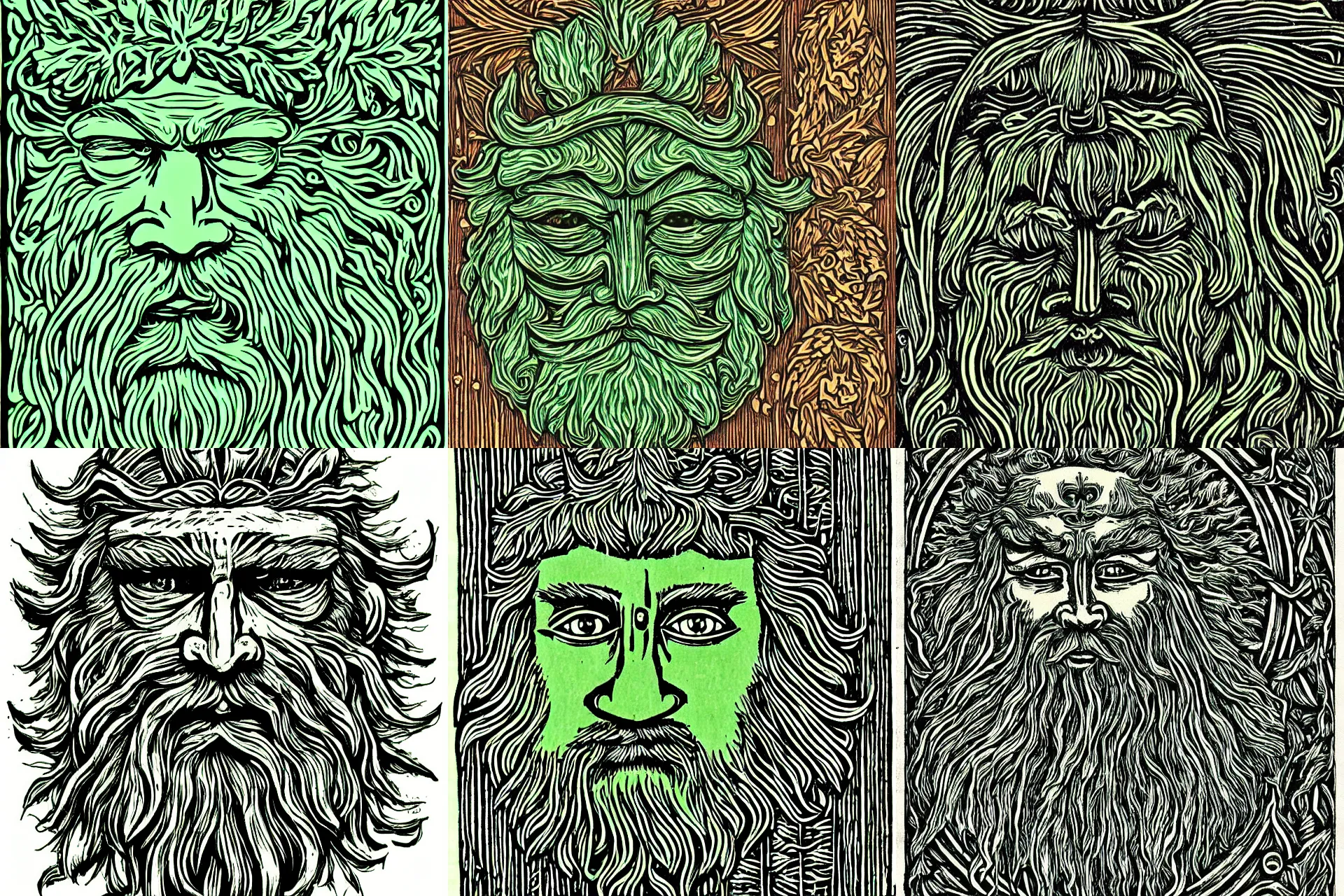 Prompt: a pagan bearded green man face design, highly detailed, horizontally symmetrical, coloured woodcut