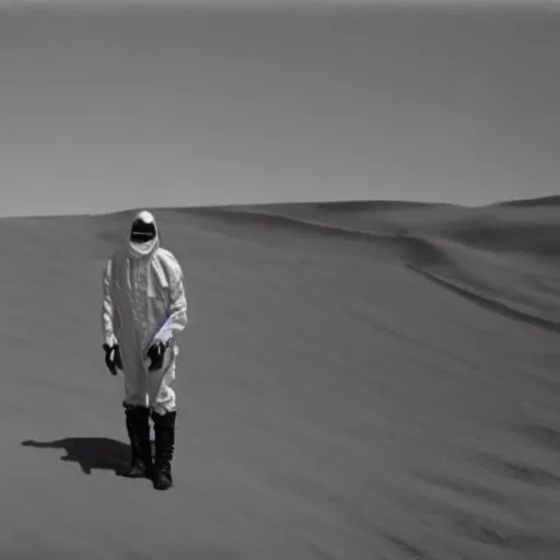 Prompt: a man wearing a hazmat suit and gasmask in desert, arriflex 35, film still, cinematic composition