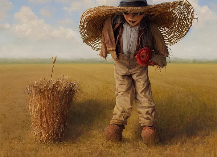 Image similar to a cute short and wide scarecrow with straw for hair and with a straw hat in overalls walking on a dirt road next to a large tall corn field, by tom lovell, ross tran, terry redlin, jean baptiste monge, greg rutkowski, painterly