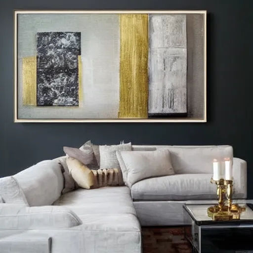 Prompt: mockup photo of luxury contemporary interior with large framed contemporary paintings, trending on pinterest