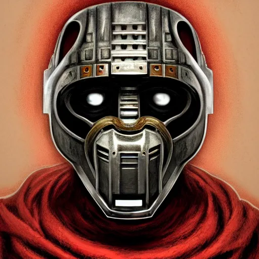 Image similar to portrait of mf doom, dr. doom metal steel mask, dark skin underneath. red t - shirt, beige complex background, intricate, elegant, highly detailed, digital painting, artstation, concept art, smooth, sharp focus, illustration, by anato finnstark, boissb - blanca. j, cindy avelino, clint cearley, anna podedworna