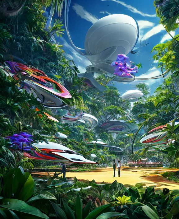 Image similar to simplicity, an amusement park made out of sleek asymmetrical organic creatures, in the style of an aerodynamic spaceship, overgrown with orchids, partly cloudy, sun - drenched, dramatic lighting, by dan mumford, yusuke murata, makoto shinkai, ross tran, cinematic, unreal engine, cel shaded, featured on artstation, pixiv