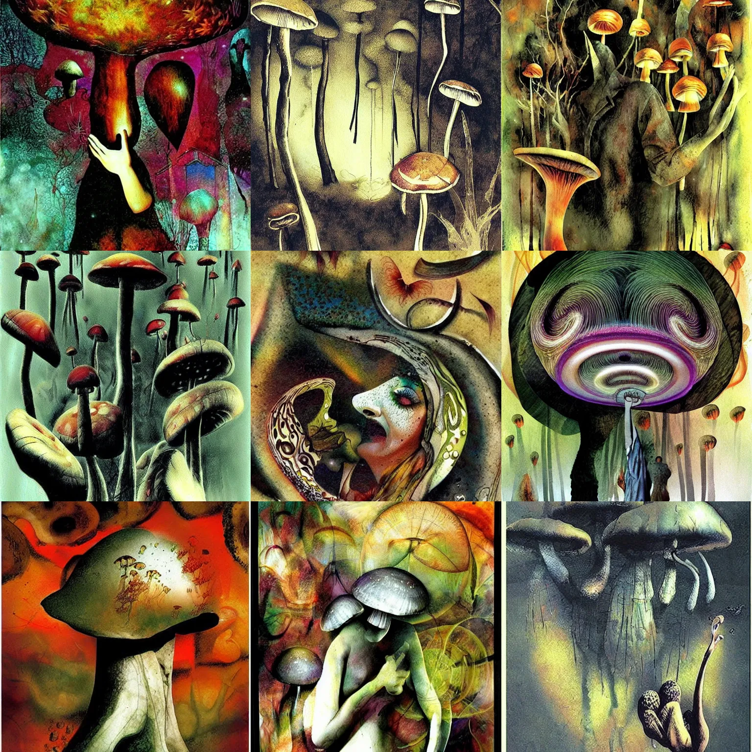 Image similar to psychedelic mushrooms dream, by dave mckean