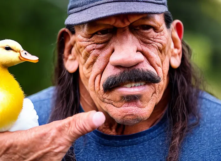 Prompt: photo still of danny trejo at the county fair!!!!!!!! at age 5 6 years old 5 6 years of age!!!!!!!! holding a baby duck he won, 8 k, 8 5 mm f 1. 8, studio lighting, rim light, right side key light