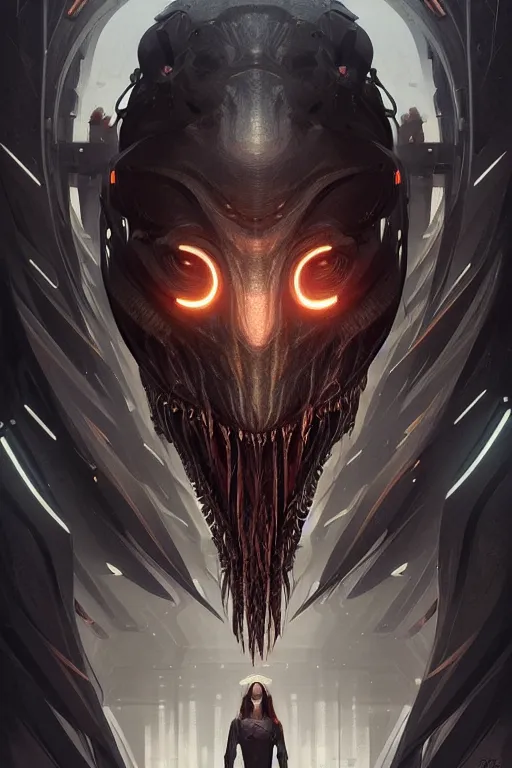 Prompt: professional concept art symmetrical portrait of a horrendous mechanical predatory species in a dark room by artgerm and greg rutkowski. an intricate, elegant, highly detailed digital painting, concept art, smooth, sharp focus, illustration, in the style of cam sykes.
