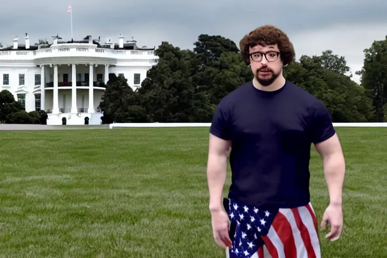 Image similar to Sam Hyde as the president of USA, rule of thirds, sigma male, standing at the White House, proud, tall, macho, jets flying across