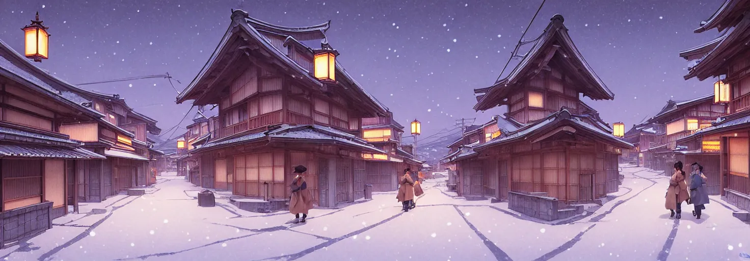 Image similar to empty rural japanese town at night, winter, in the style of studio ghibli, j. c. leyendecker, greg rutkowski, artem