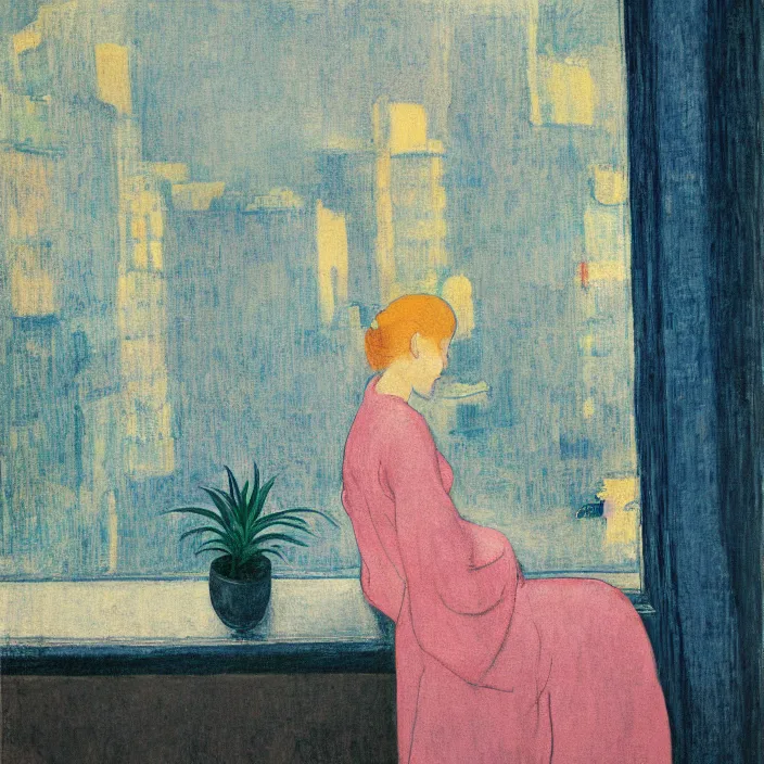 Image similar to portrait of woman in night gown, white cat and aloe house plant with brutalist city seen from a window frame with curtains. night. agnes pelton, caravaggio, bonnard, henri de toulouse - lautrec, utamaro, matisse, monet