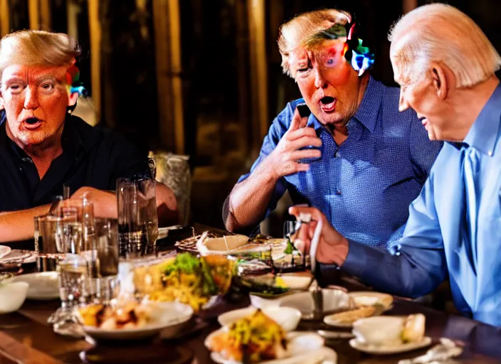 Image similar to Trump and Biden having dinner at a fancy Balinese restaurant, award winning cinematic photography, sigma 85mm Lens F/1.4, blurred background, perfect faces