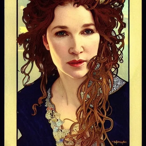 Prompt: renee zellweger portrait by louis - theophile hingre and alphonse mucha, realistic, sharp focus, zodiac signs, tarot cards, planets, ethereal, art nouveau, magic, moon, sun, crown, dreamy, royal, jewellery