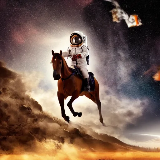 Image similar to cinematic photograph of an astronaut riding a horse travelling through time