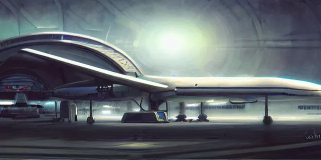 Image similar to a painting of a sci fi hangar, by charlie bowater