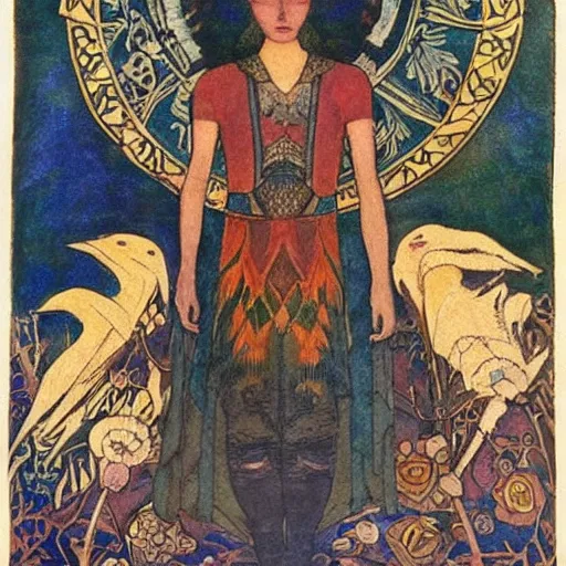 Prompt: the crow prince, by Annie Swynnerton!!!! and Nicholas Roerich! and (Edmund Dulac) and (((Diego Rivera))), embroidered brocade, tattoos, elaborate costume, geometric ornament, symbolist, rich colors, dramatic lighting, smooth, sharp focus, extremely detailed