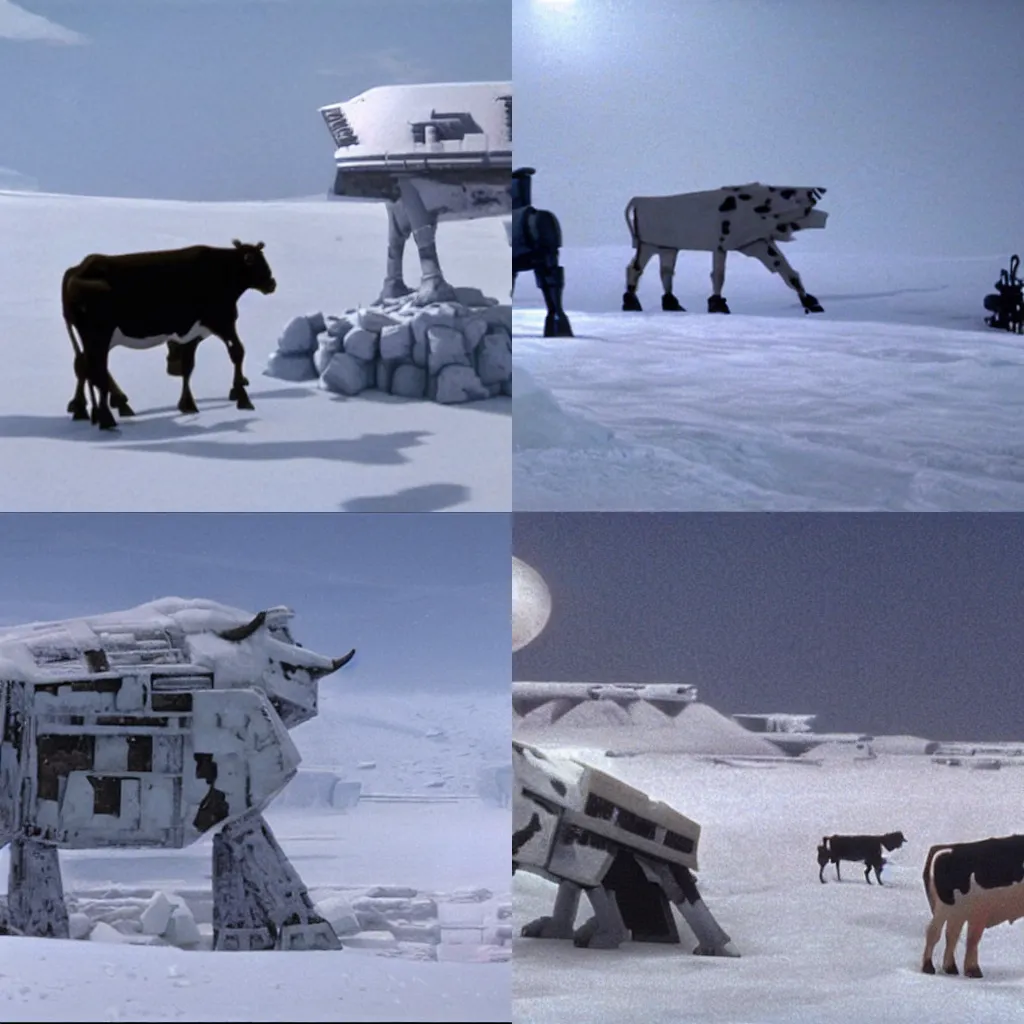 Prompt: a cow AT-AT attacking the rebel base at Hoth in the movie Star Wars