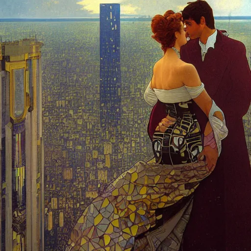 Prompt: a city in the future | tall skyscrapers | flying cars | giant digital billboards | a beautiful modern couple stands on a balcony in the foreground | they look out over the futuristic city this is also our pov | by greg rutkowski alphonse mucha gustav klimt mel ramos and john berkey | golden ratio