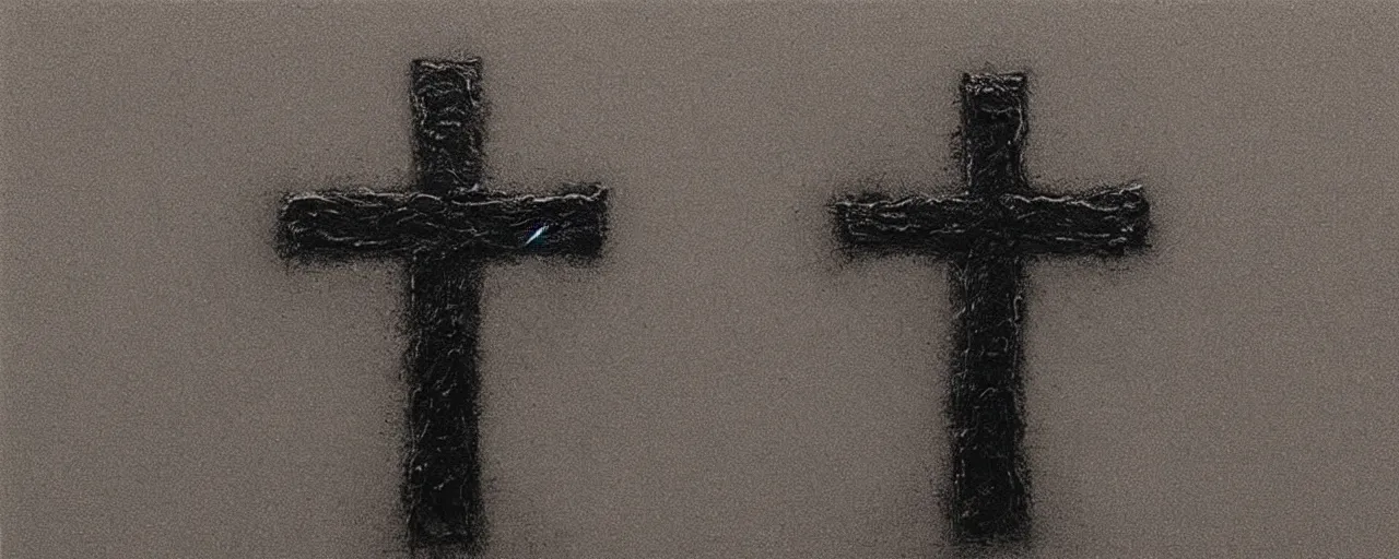 Prompt: a shiny silver cross, black minimalistic background, by Beksinski