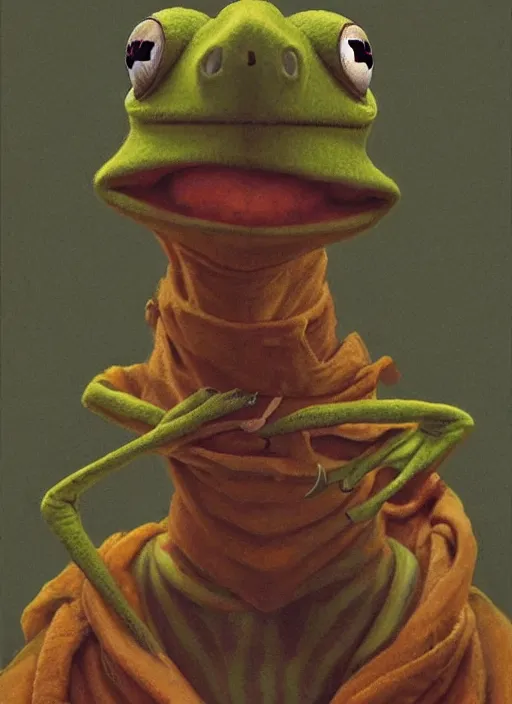 Prompt: portrait of Kermit the frog in ExistenZ (1999), highly detailed, centered, solid color background, digital painting, artstation, concept art, smooth, sharp focus, illustration, artgerm, donato giancola, Joseph Christian Leyendecker, Les Edwards, Ed Repka, WLOP, Artgerm