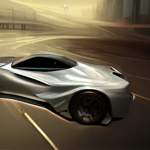 Image similar to full view of a car, painted in white holographic pearlescent, elegant, digital painting, concept art, smooth, sharp focus, art style from Wang Ke and Greg Rutkowski and Bruce Kaiser and Scott Robertson and Dmitry Mazurkevich and Doruk Erdem and Jon Sibal, small style cue from Blade Runner