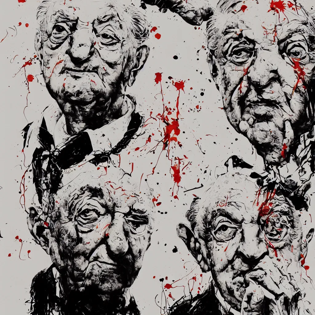 Prompt: George Soros by Ralph Steadman, illustration, body horror, biopunk, 8k , trending on artstation