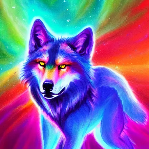 Prompt: glowing rainbow star wolf, concept art, trending on artstation, painting