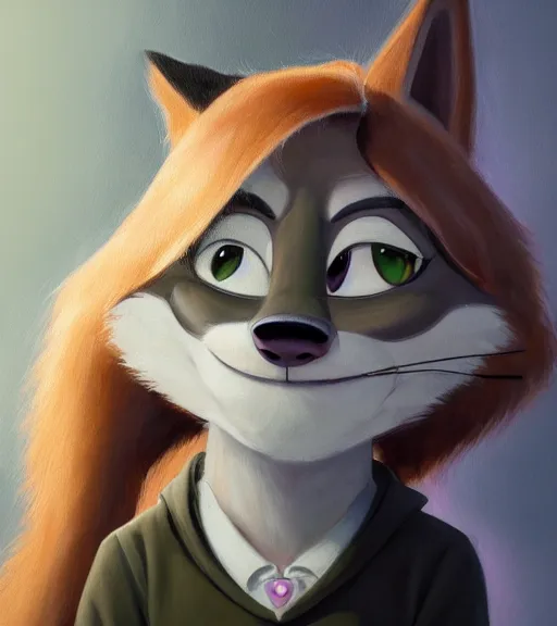 Image similar to oil painting of full body of anthromorphic female wolf, in style of zootopia, zootopia, zootopia, fursona, furry, furaffinity, 4 k, deviantart, furry art, fursona art, wearing black business suit, business suit, in style of zootopia, wolf fursona, cyberpunk, female, expressive detailed feminine face,
