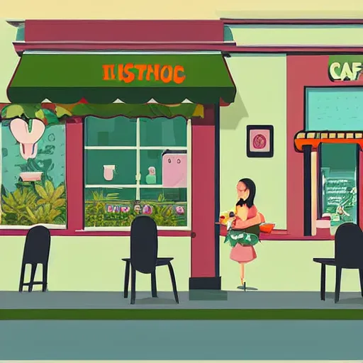 Image similar to isometric cute cartoon illustration style cafe australian, decorated with cute cannabis pot plants 🪴 utopian frontage, poster, beautiful colors pastel palette by will barnet, digital art, hyperrealistic, sharp detailed soft, render cartoon by pixar