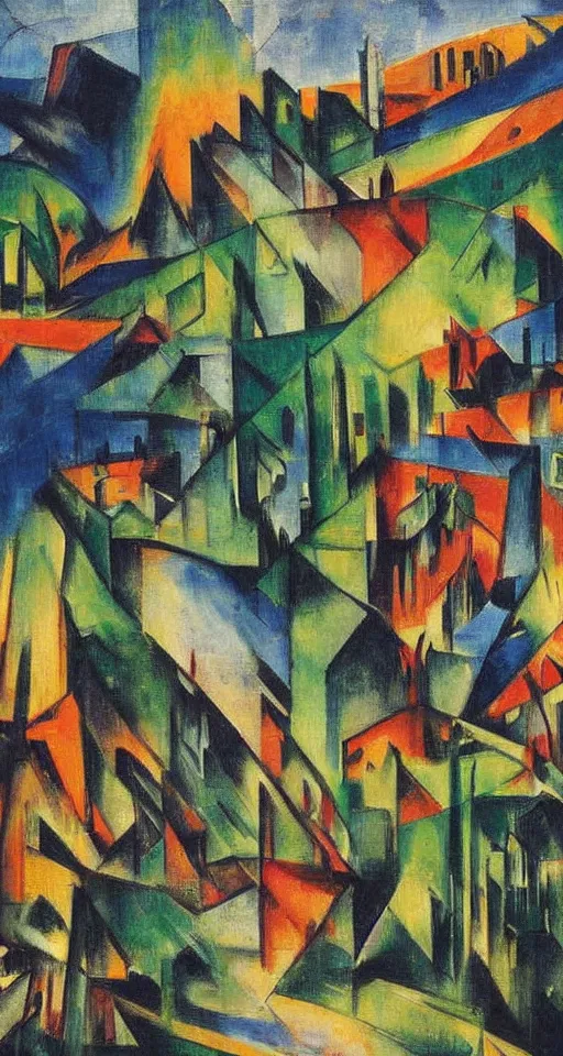 Image similar to on the street of abandoned town 2 people standing huddled together with spiny giant plants bursting through them, surreal, very coherent, intricate design, painting by Franz Marc