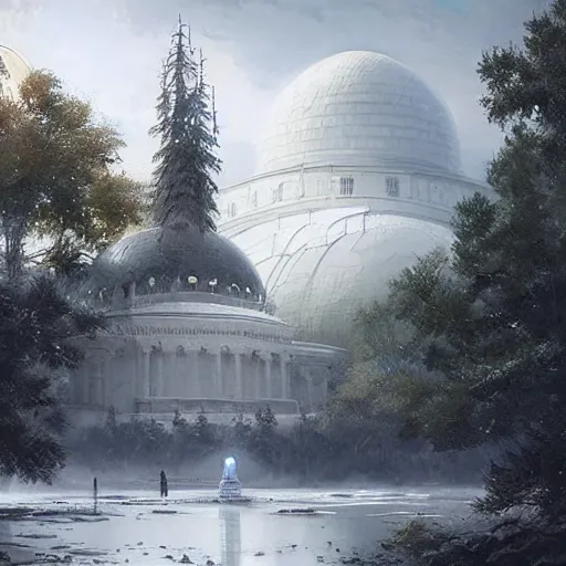 Image similar to mysterious glowing white domed sci-fi building, Ivan Shishkin and Greg Rutkowski
