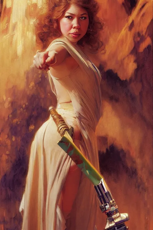 Image similar to detailed portrait of jennette mccurdy dressed as jedi, painting by gaston bussiere, craig mullins, j. c. leyendecker