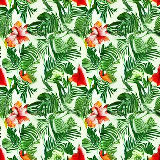 Prompt: exquisite fresh tropical rainforest print with beautiful and high resolution elements developed into seamless patterns