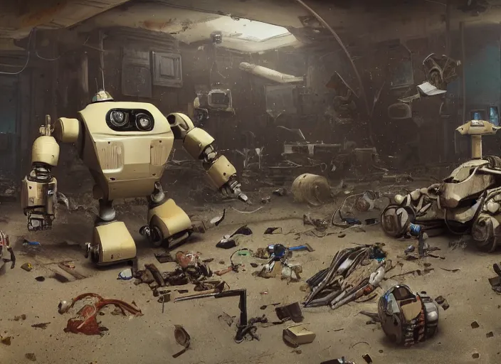 Prompt: a room filled with lots of junk and broken robots and mech, concept art by scott listfield, cgsociety, neoplasticism, artstation hq, playstation 5 screenshot, cryengine