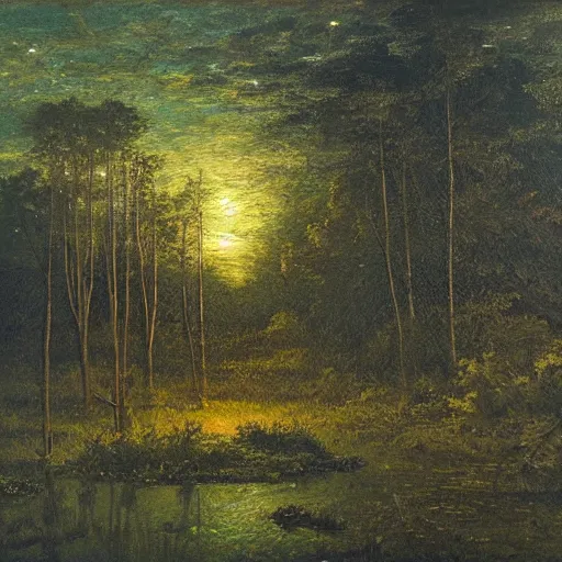 Image similar to will o'the wisp floating in the air over a clearing in the forest surrounding a swamp, evening, highly detailed, oil painting