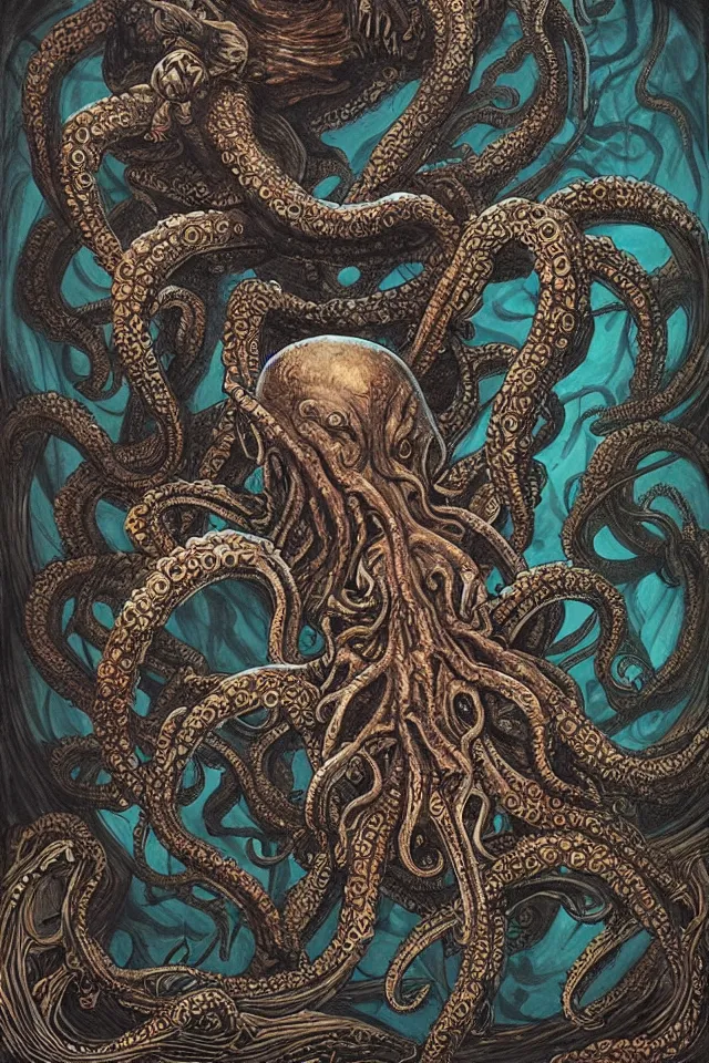 Image similar to alien octopus spider with kraken head, in a dark cave with glowing writing on the walls, contrasting colors, Dan Seagrave
