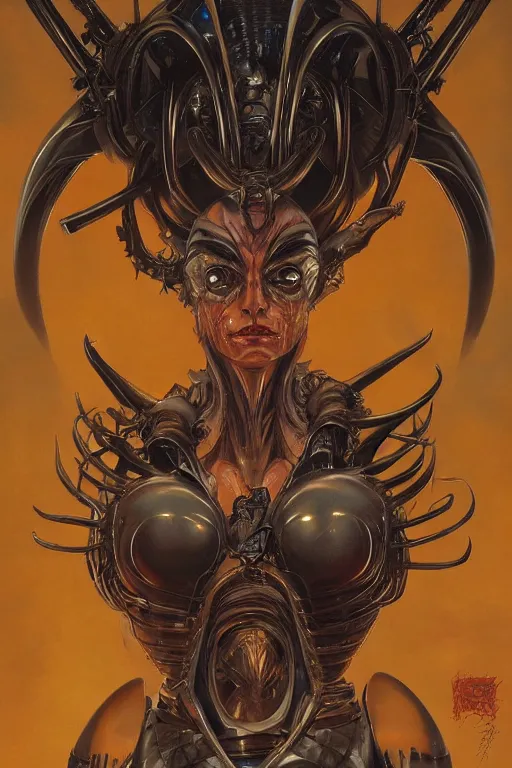 Prompt: portrait of mad alien queen, symmetrical, byyoichi hatakenaka, juan gimenez, brom, karol bak