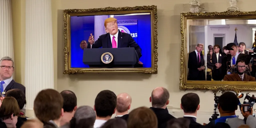 Prompt: White House press briefing with a Minecraft creeper sneaking up behind the President