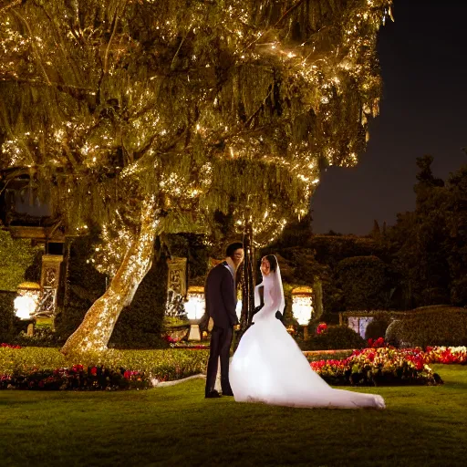 Image similar to Bride and Groom marrying in a garden, with a majestic Ottoman palace in the background, at night, well lit sky, luxury, luxurious wedding, Ottoman Empire era, gold, photorealistic, ultra-detailed, 4k high resolution, HDR shot