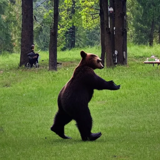 Image similar to a bear entering in picnic are, people are panicking and running