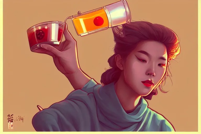 Prompt: drinking boba tea, 8 0 s art, flat, adorable, dramatic, fluid, golden ratio, artstation, moebius + loish, hd,