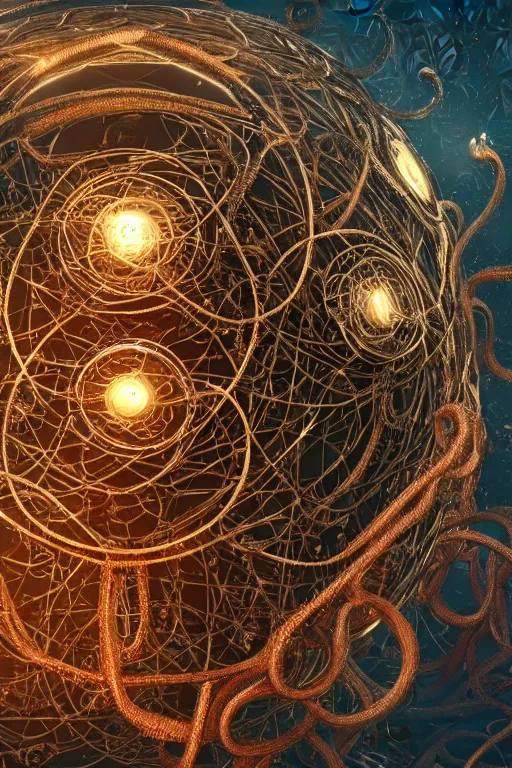 Image similar to an immaculate render of a metallic sphere made of old modular robot parts spawning cables and bird wings floating in a temple surrounded by wild tentacles made from mandalas and incense smoke, powerful, cinematic, beautifully lit, by craig mullins, by galan pang, 3 d, trending on artstation, octane render, 8 k