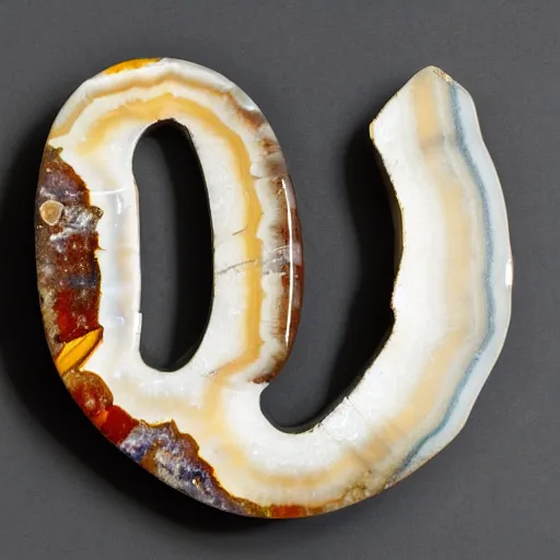 Image similar to a studio portrait of an agate jasper with the letter r in the banding white background